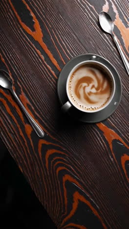a cup of coffee on a dark wooden table