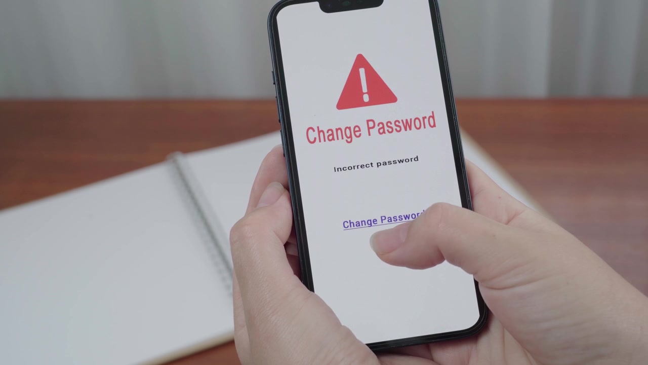 Hand holds a smartphone displaying an AI security message to change password after an incorrect login attempt.