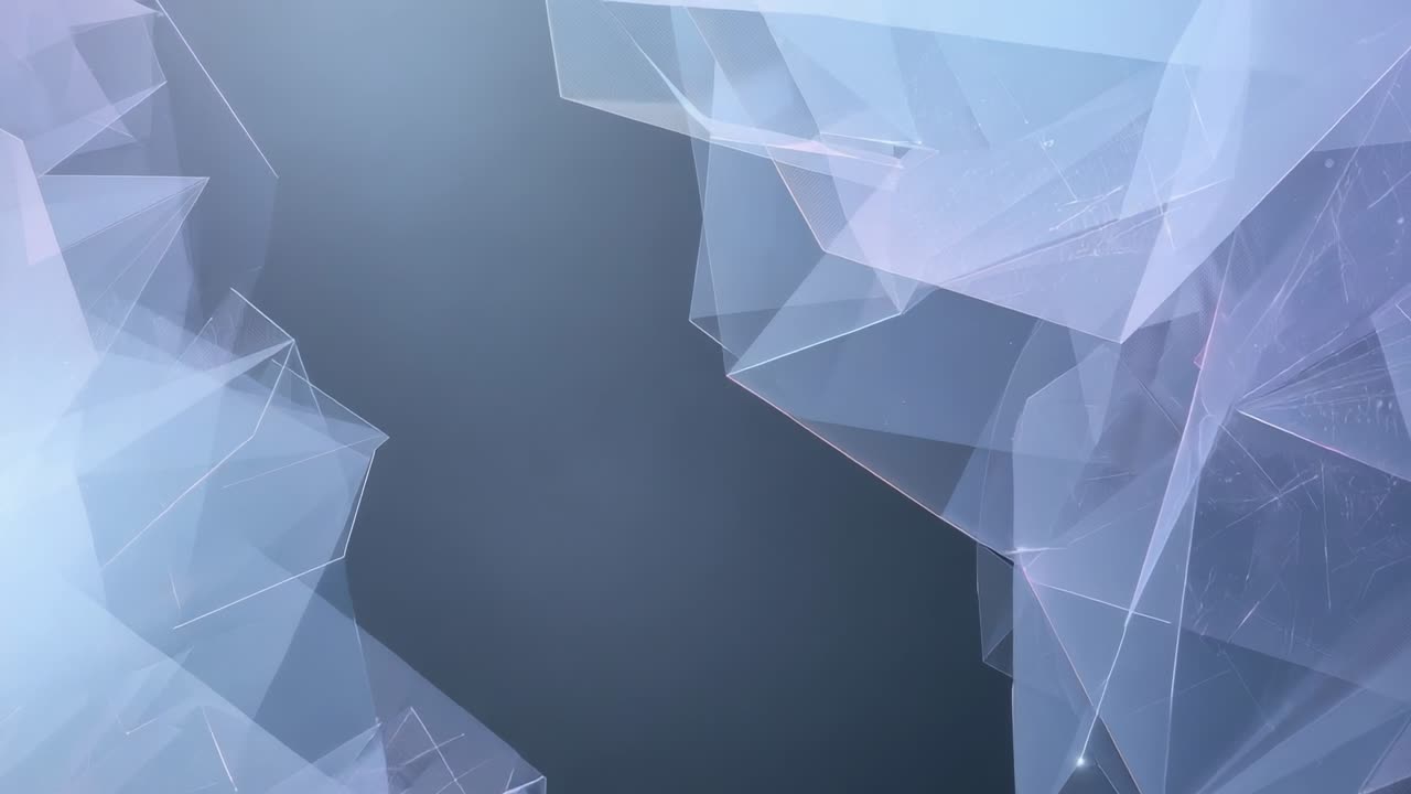 Animating paired polygonal clusters drifting inward at bluish-gray backdrop, revealing wireframe