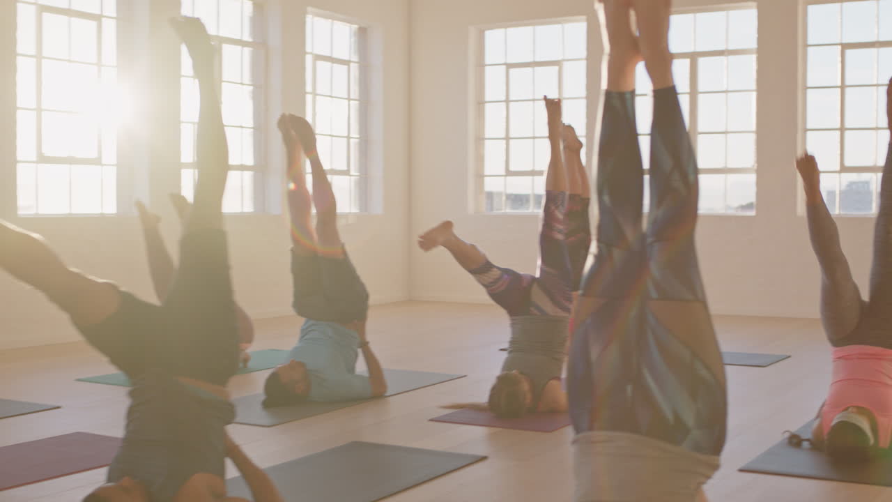 yoga class of young healthy people practicing supported shoulderstand pose enjoying exercising in fitness studio group meditation at sunrise