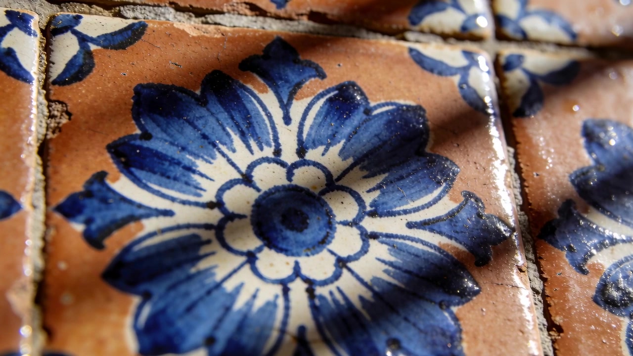 Kamera bergerak memperlihatkan ubin berlapis glasir bermotif bunga biru pada backsplash, menampilkan nat dan bayangan.