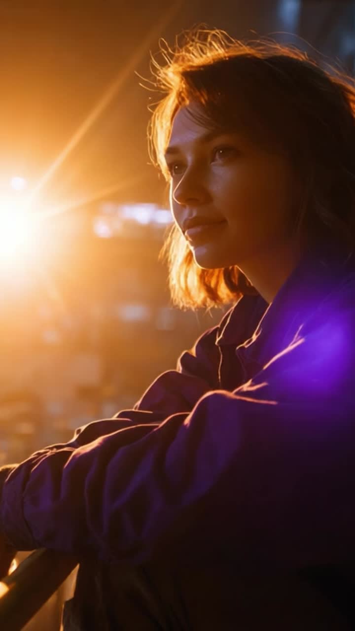 Momento contemplativo: una giovane donna guarda pensierosa l'orizzonte luminoso, avvolta dal calore del tramonto e dalla bellezza dei riflessi di luce soffusa