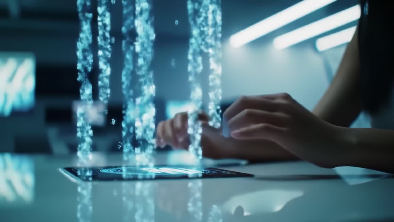 Hands interacting with a futuristic digital display