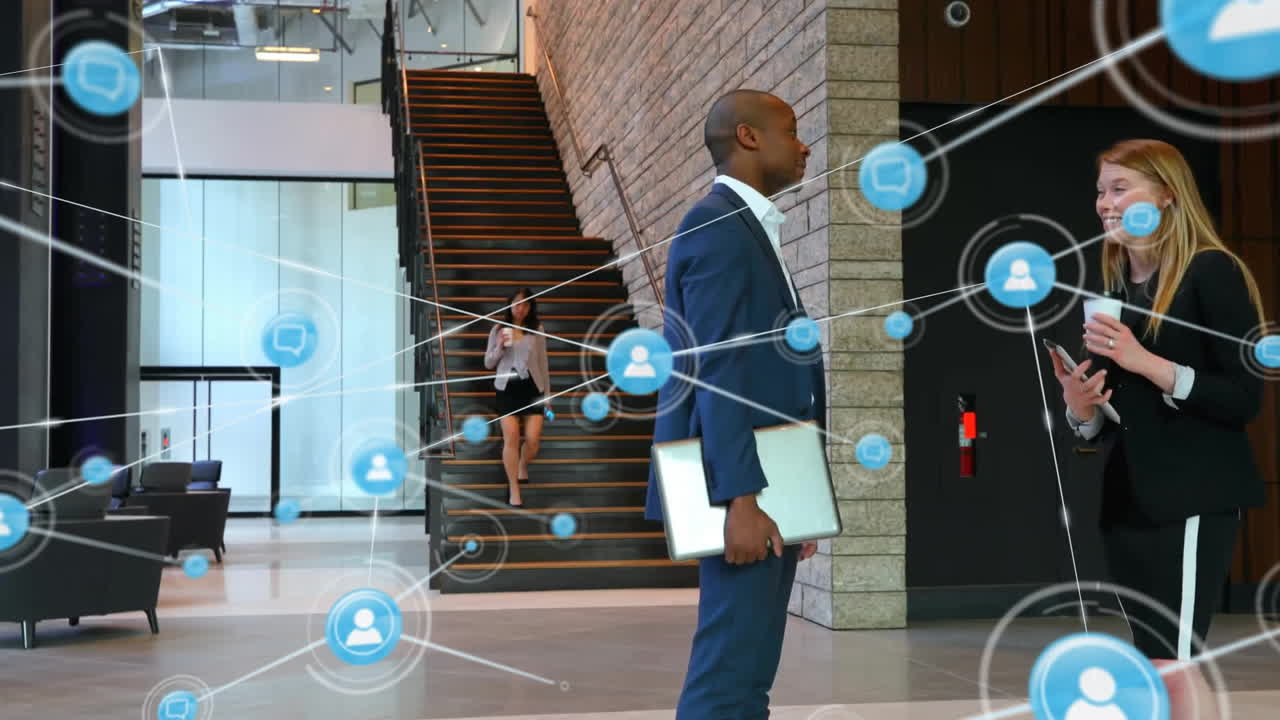 Animation of network of connections with icons over diverse business people in office