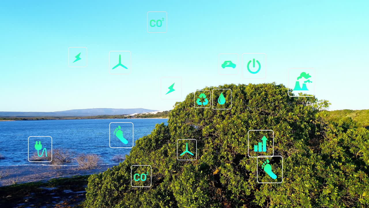 Sustainability icons floating over coastal wetland scene, showing green energy icons in flat design