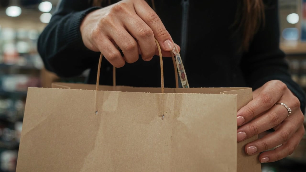 レジを済ませた後、暗いトップスを着た買い物客が、包装された品物を茶色の袋に入れている。指輪が見える。