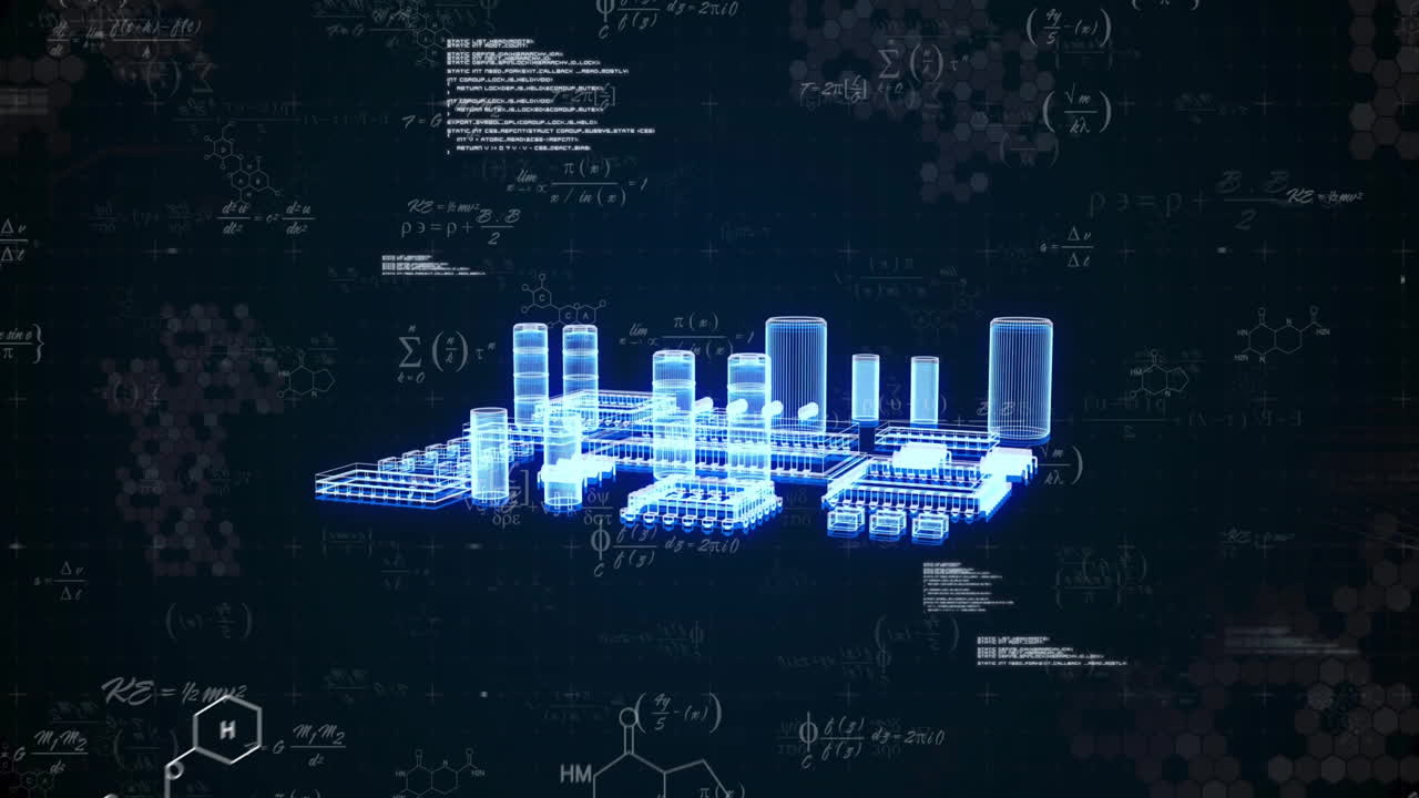 Digital cityscape with skyscrapers, mathematical formulas animation on dark background