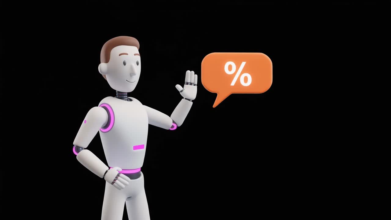 Robot 3D animato che saluta con un fumetto di percentuale