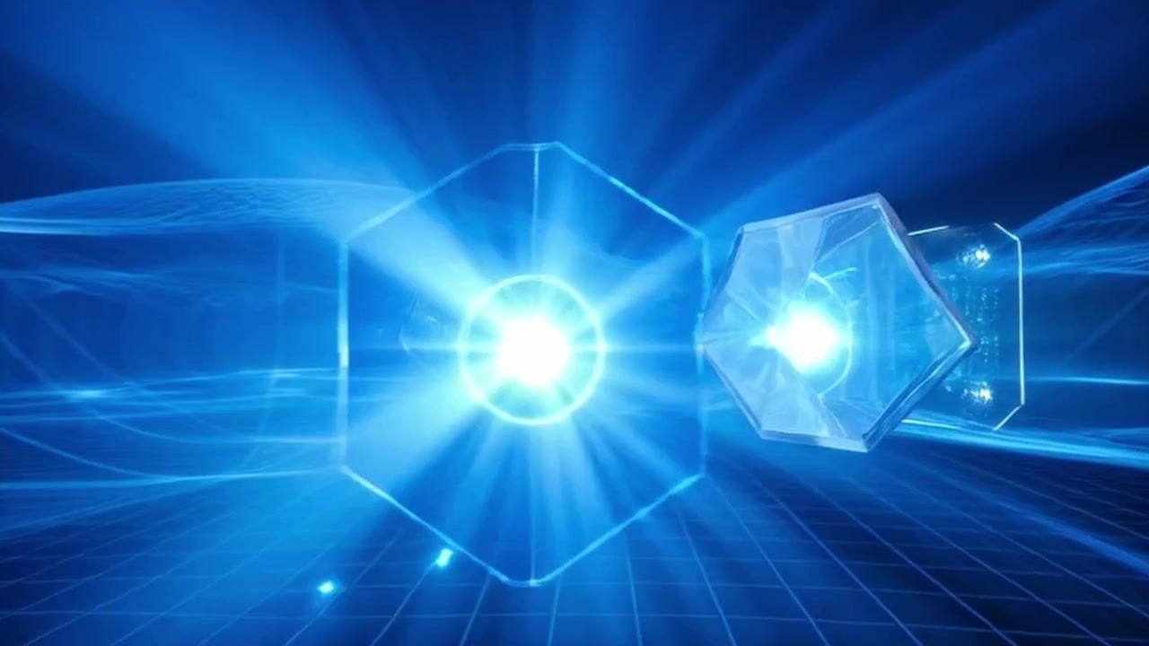 Abstract Digital Grid with Floating Geometric Shapes and Glowing Light Effects