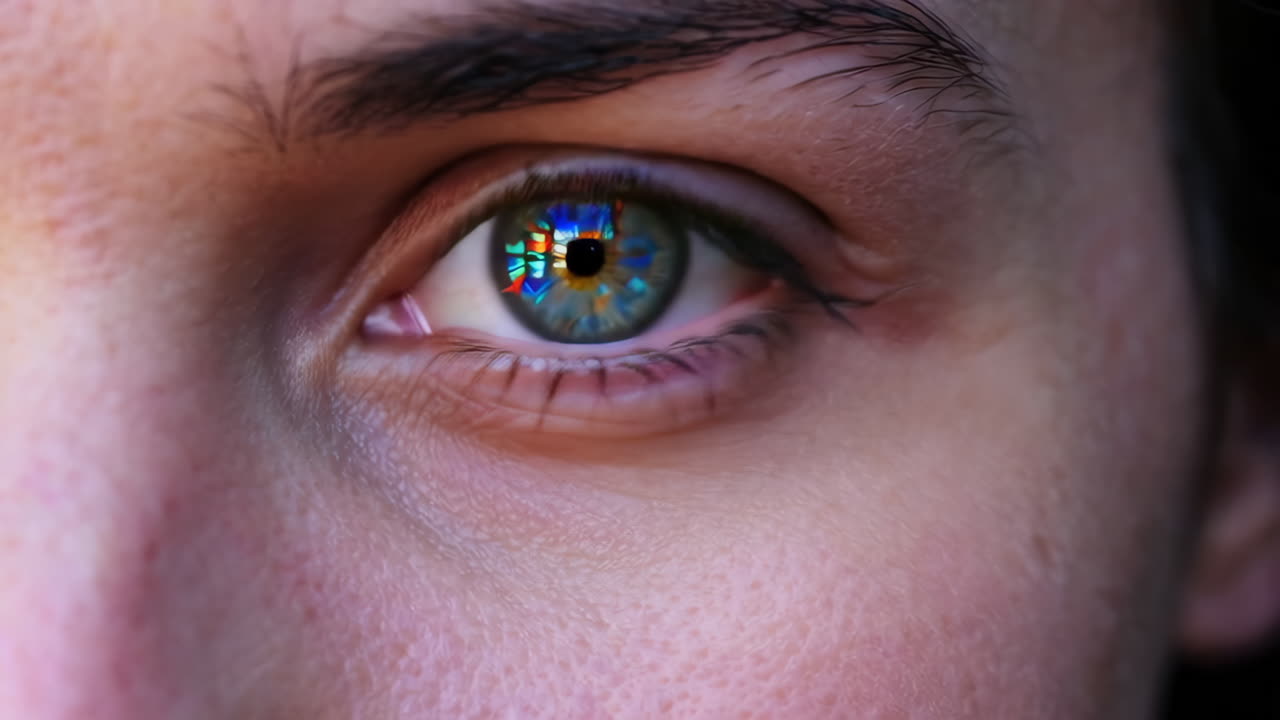 Close-up of a person's eye with colorful reflections