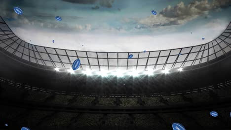 Animation-of-blue-rugby-balls-with-scotland-text-at-stadium