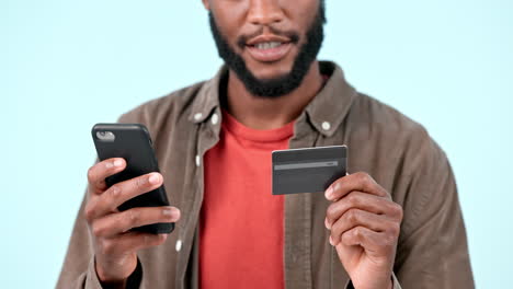 happy black man, hands and phone with credit card