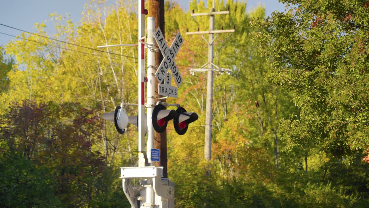 A slow pan of an inactive railroad crossing, showcasing the crossing arm in the upright position. The serene scene captures the calm before the potential arrival of a train.