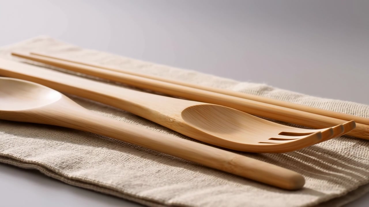 Close-up of light wooden kitchen utensils arranged diagonally on a textured linen cloth, set against a soft neutral background with gentle natural-looking