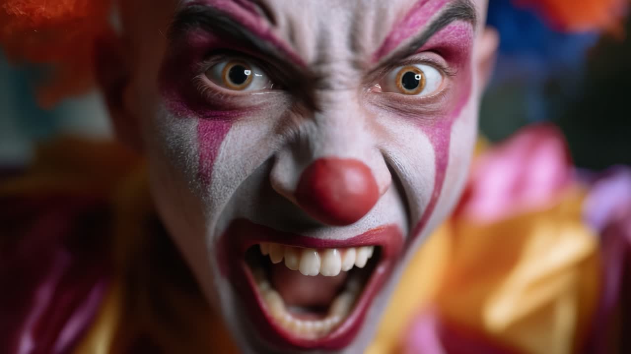 Intense Clown Expression Captured in Two Frames: The Eerie Emotion of a Frightening Clown as He Yells with Colorful Makeup and Distinctive Features