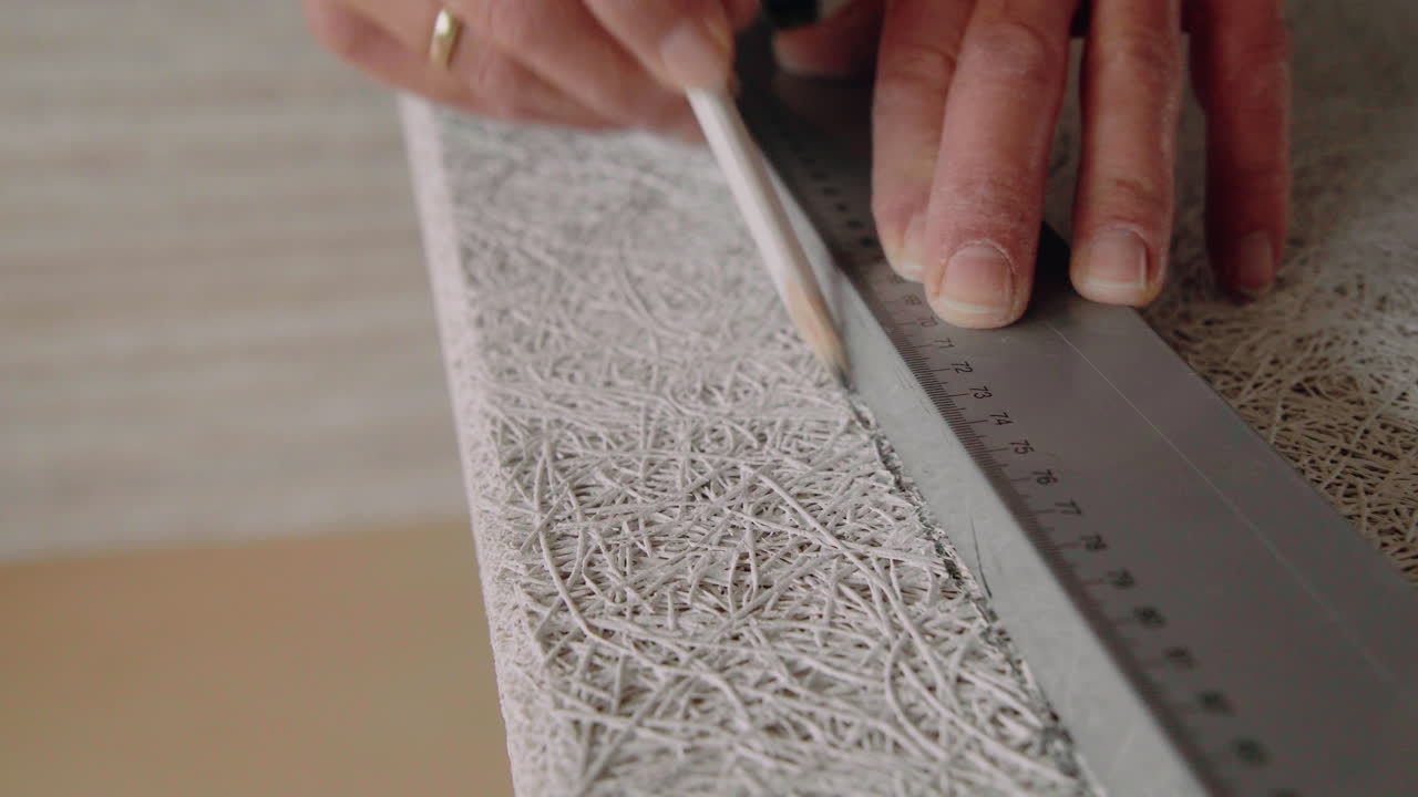 Handyman marking a acoustic panel using a pencil and a ruler