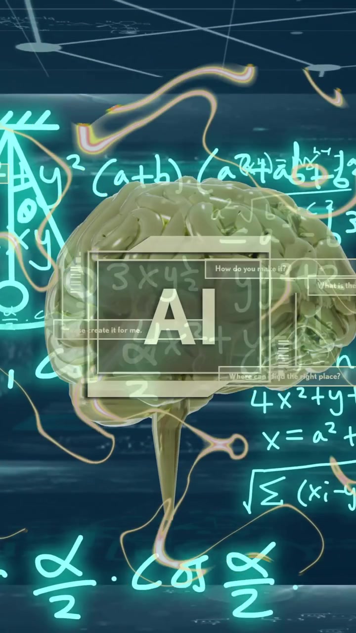 AI and mathematical equations animation over human brain in futuristic room