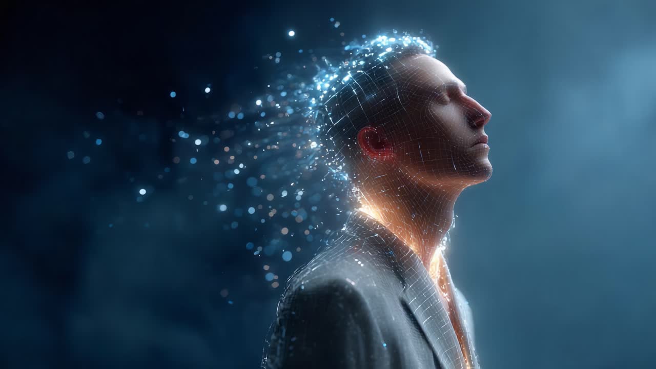 A Surreal Journey of Mind and Technology: The Transformation of the Human Experience as Digital Elements Emerge and Disperse from the Head in a Captivating Display