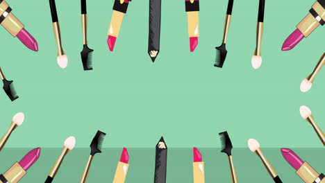animación de diferentes iconos de cosméticos y accesorios en fondo verde y negro
