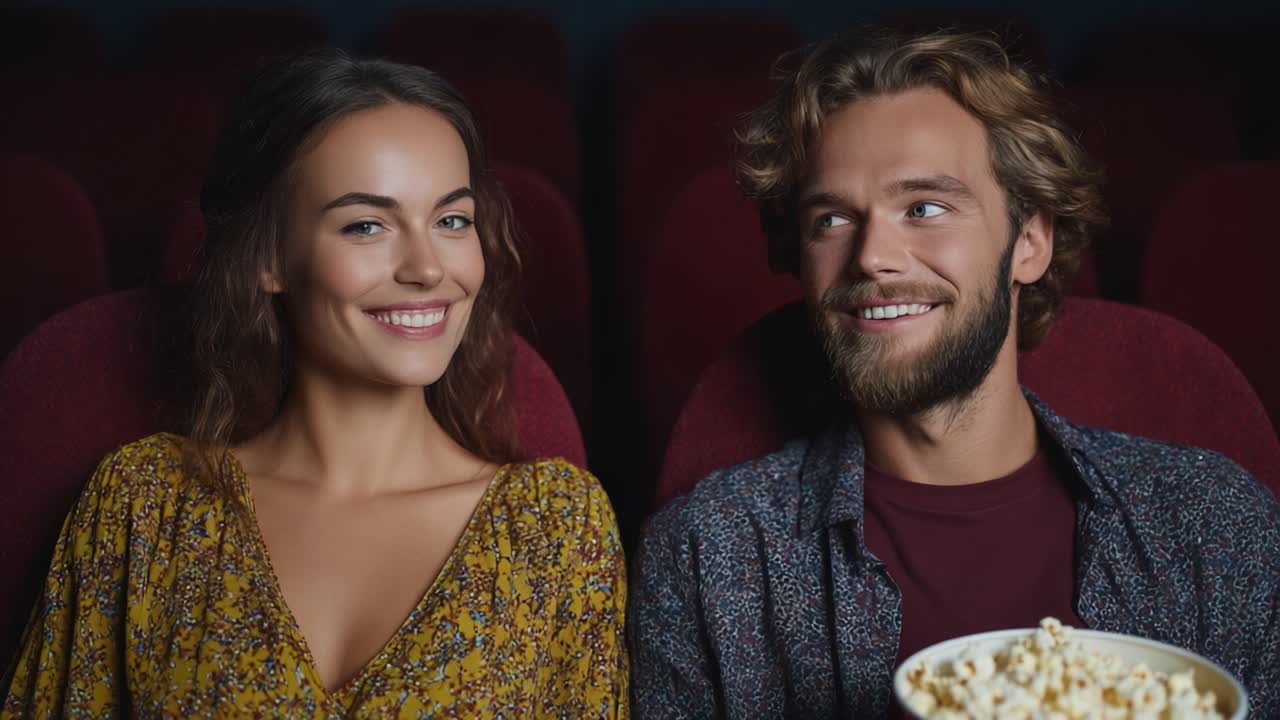 Captivating Moments in a Movie Theater: A Couple Enjoying Their Time Together Amidst a Cinematic Experience with Snacks and Smiles
