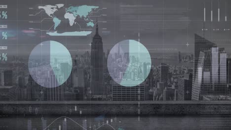 animation of statistical data processing over grid network against aerial view of cityscape
