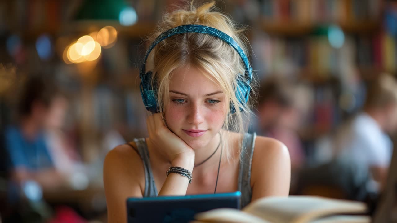 Una giovane donna bionda si gode la lettura su un tablet in un'accogliente biblioteca, con le cuffie e immersa in un mondo di apprendimento ed esplorazione