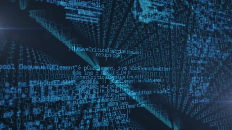 Digital animation of binary coding data processing against blue background