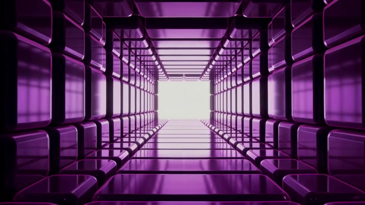 Uscita luminosa che guida la telecamera attraverso un corridoio viola, rivelando pannelli a cubo, una griglia metallica e un pavimento lucido.