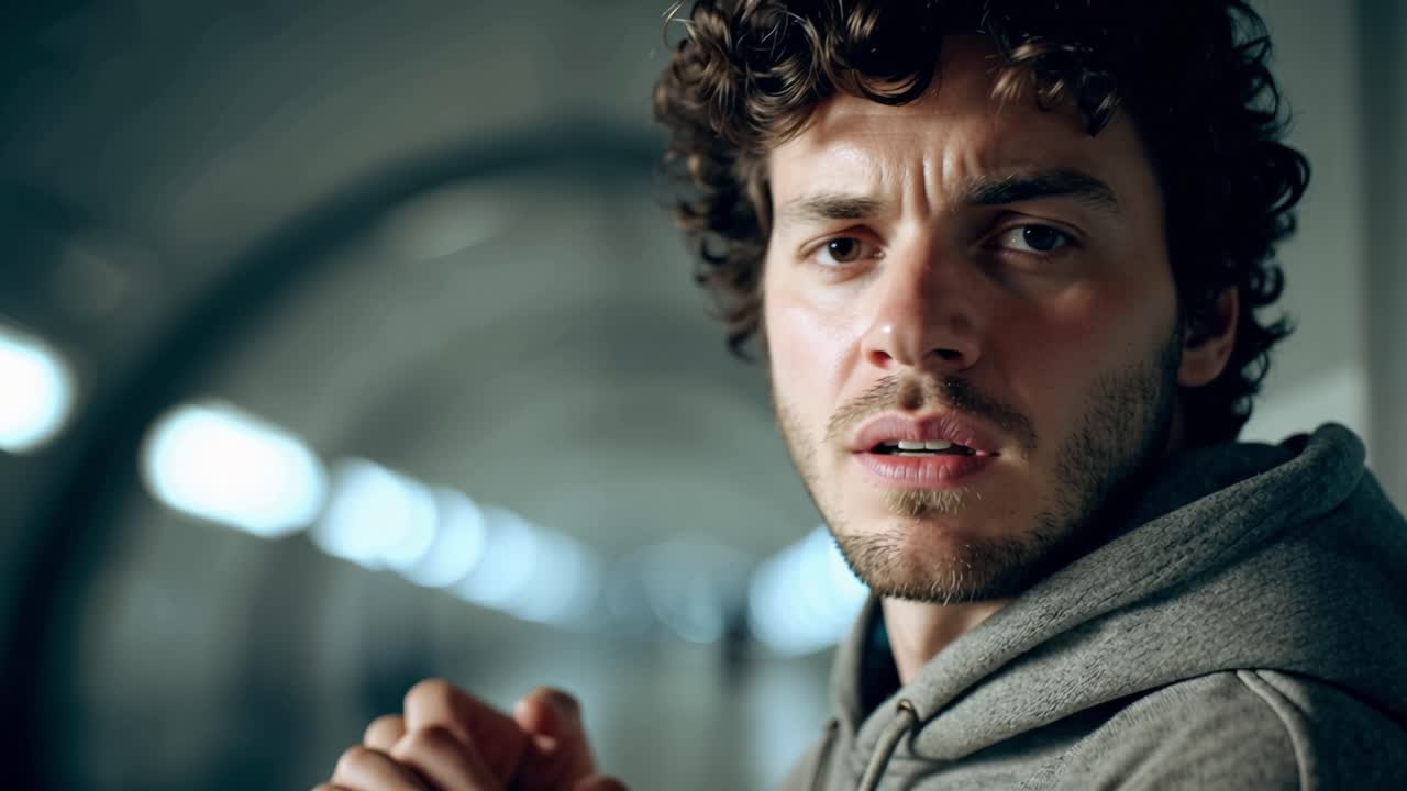 Un uomo con capelli ricci e barba appare angosciato. Si copre la bocca con le mani, mostrando disagio. Le luci del tunnel sfocano dolcemente dietro di lui. L'emozione trasmette vulnerabilità e tormento interiore.