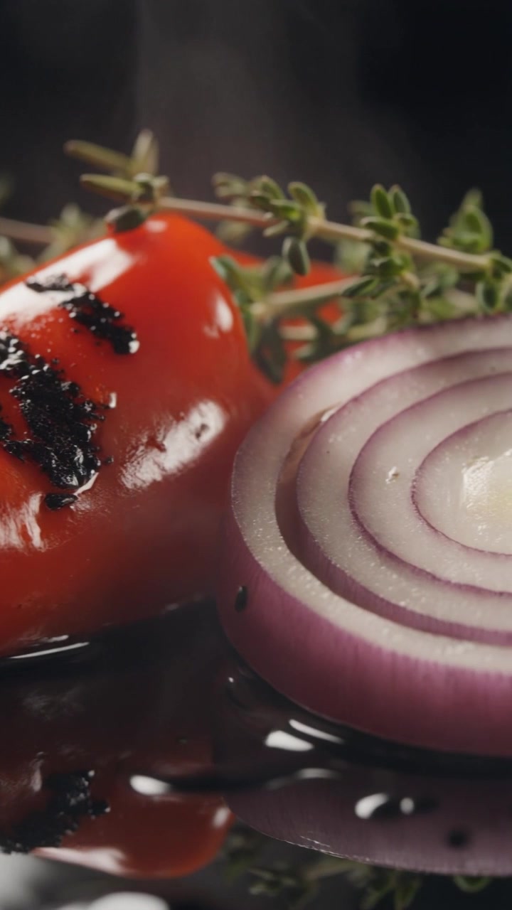 Steaming Grilled Red Pepper and Fresh Red Onion Slice