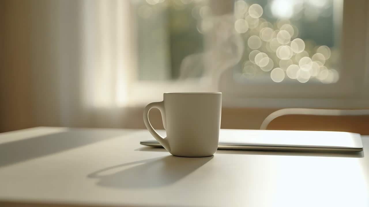 Steaming Coffee and Laptop on a Bright Table by the Window