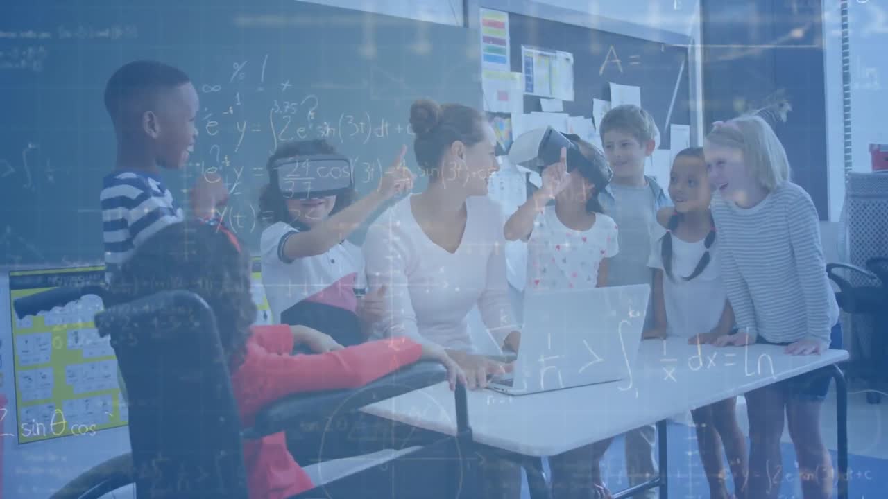 Mathematical equations floating against caucasian female teacher teaching students using laptop