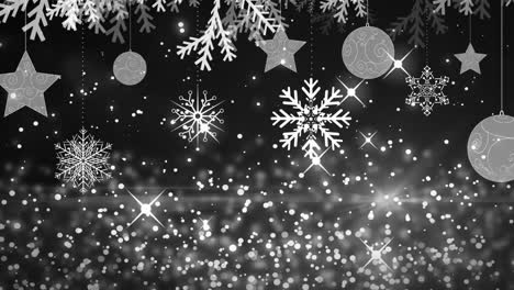 Animation-of-christmas-snowflakes-falling-and-spots-of-light-on-black-background