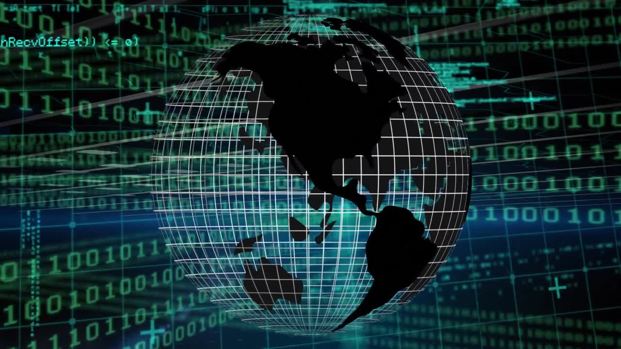Animation of grid patterned globe over computer language and binary codes on black background