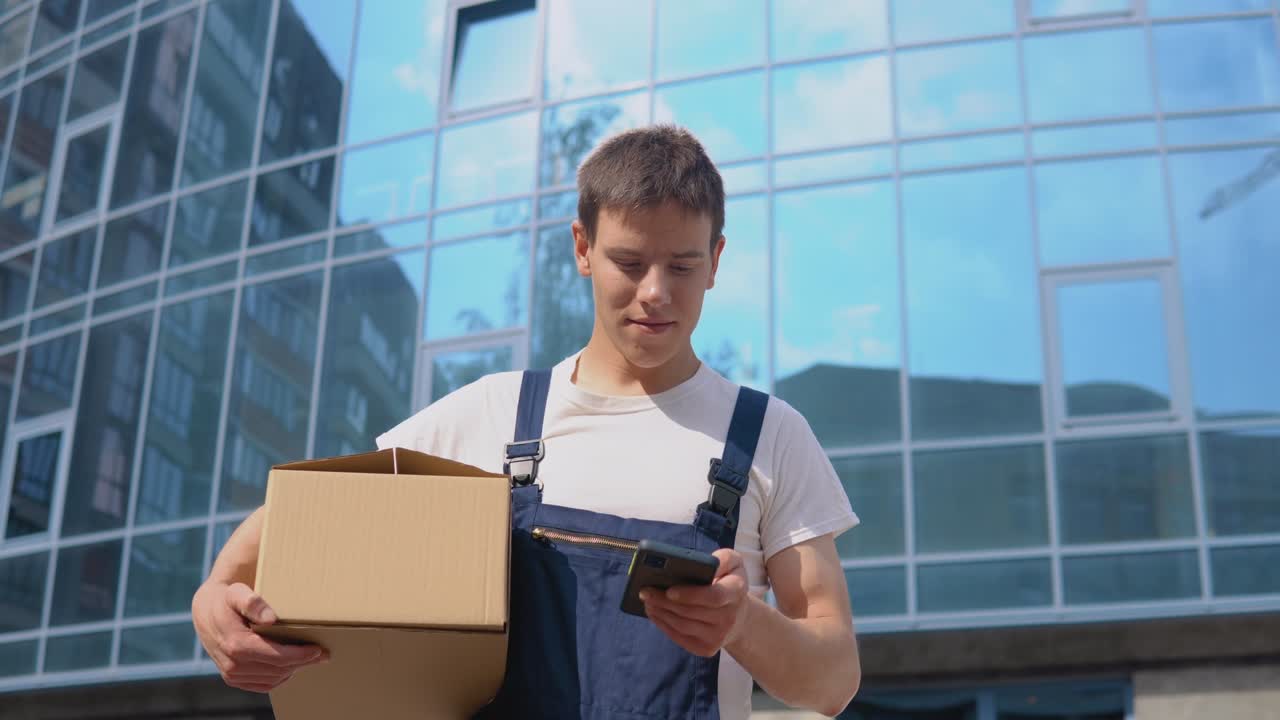 un trabajador de entrega sostiene una caja en sus manos y habla en un teléfono celular. movimiento y entrega de bienes fabricados. entrega de bienes a la oficina