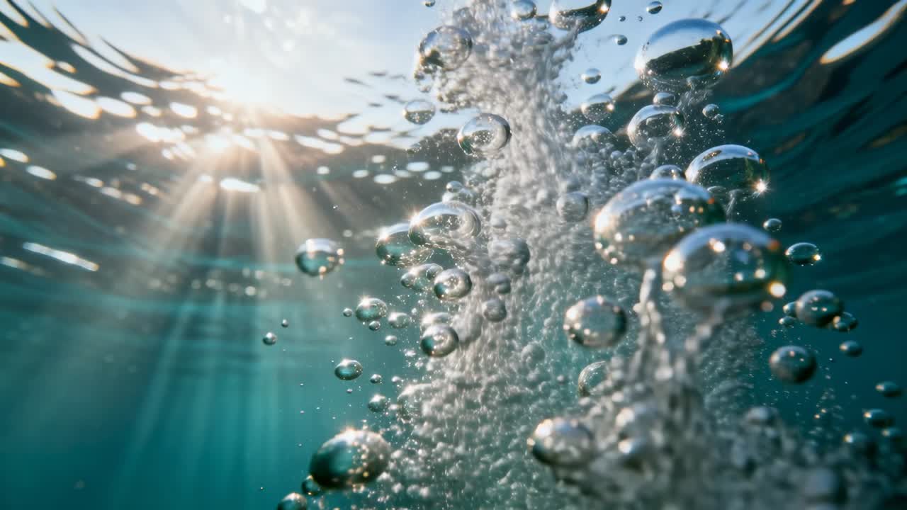 Colonna verticale di bolle che sale e si muove verso il sole in alto a sinistra sopra acqua increspata color verde acqua che riflette i raggi.
