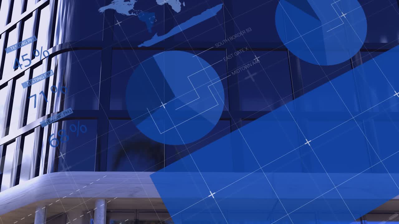 현대적인 건물 위에 세계 지도와 통계 기록과 함께 금융 데이터 처리의 애니메이션