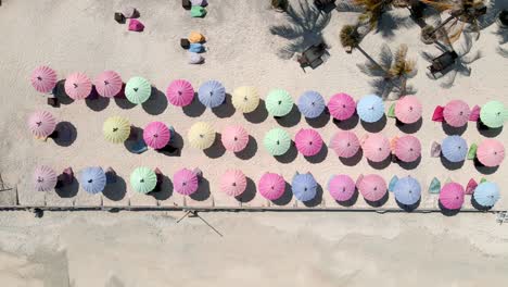 ascending top down of colorful umbrellas on sandy beach during sun is shining