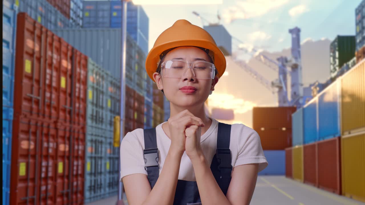 Close Up Of Asian Woman Worker Wearing Goggles And Safety Helmet Praying For Something While Standing At Container Yard Warehouse