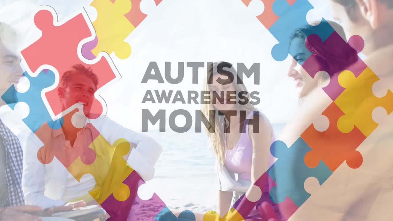 Animazione di pezzi di puzzle colorati e testo "autismo" su amici felici a una festa in spiaggia estiva