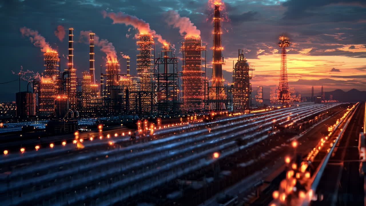 A city skyline with a sunset in the background. The city is lit up with lights, giving it a warm and inviting atmosphere