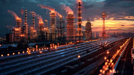 a city skyline with a sunset in the background. the city is lit up with lights, giving it a warm and inviting atmosphere