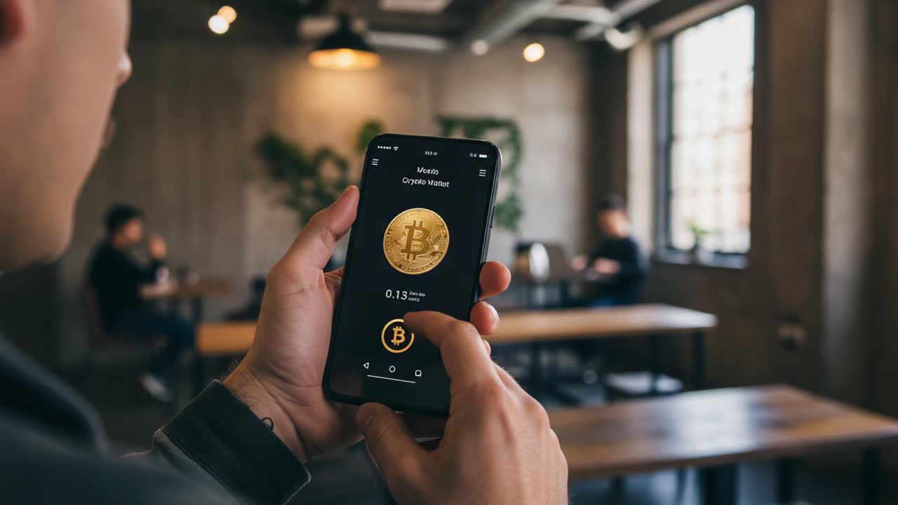 A Person Interacting with a Mobile App Displaying Bitcoin Information in a Cozy Cafe Setting: Modern Technology Meets Cryptocurrency