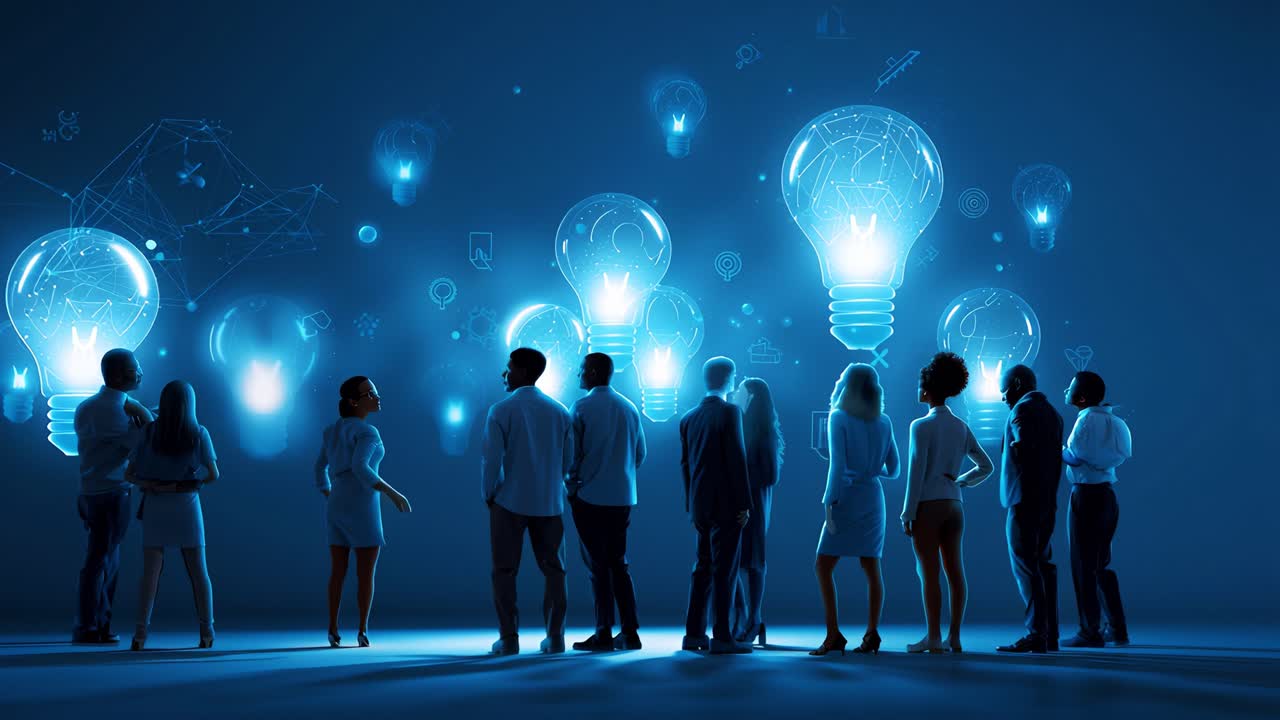 A Group of Diverse Individuals Collaborating and Engaging with Floating Light Bulbs Representing Ideas and Innovations in a Futuristic Digital Environment