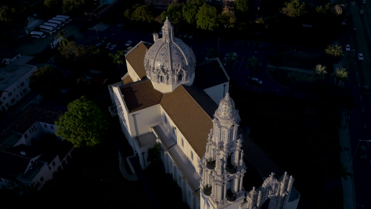 Aerial View of a Historic Cathedral and the Los Angeles Cityscape