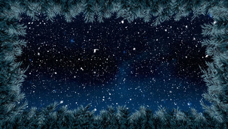 digital animation of leaves forming a frame against snow falling against stars shining in night sky