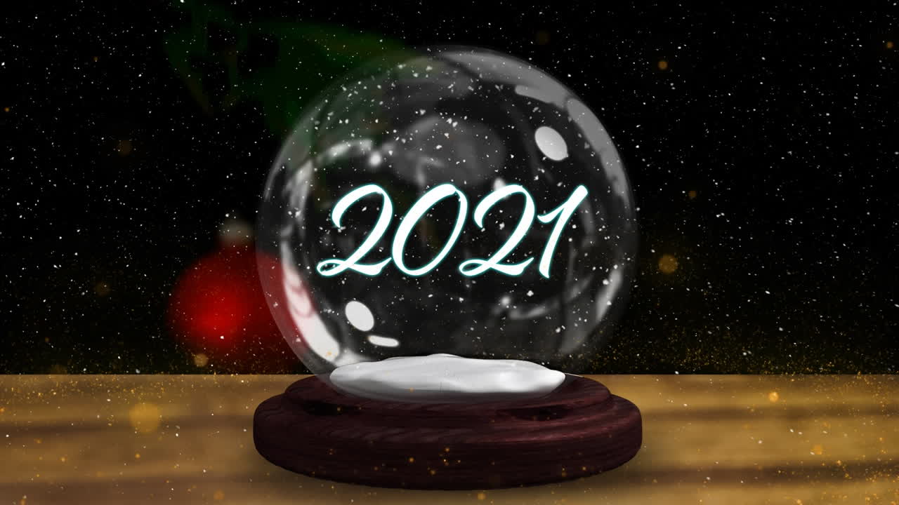 animación de globo de nieve con 2021 y estrella fugaz sobre la nieve que cae