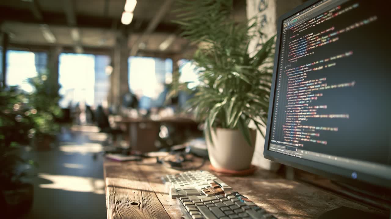 En moderne arbejdsplads med fokus på kodning og udvikling, en frodig grøn baggrund og et fokus på computerprogrammering i et åbent kontormiljø