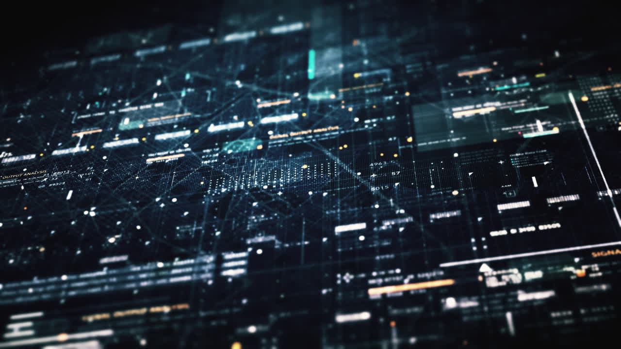 Advance data matrix, telemetry and encrypt numbers simulation user interface display in cyber space abstract de-focus environment background