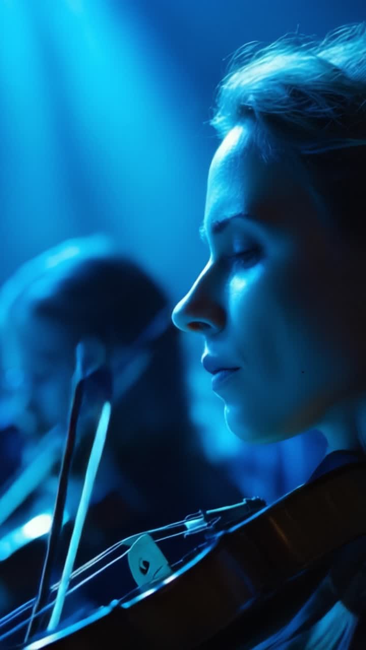 Un momento suggestivo catturato sotto i riflettori, con un violinista di talento immerso in un'esecuzione sinfonica, illuminato da una luce blu eterea e dall'emozione.